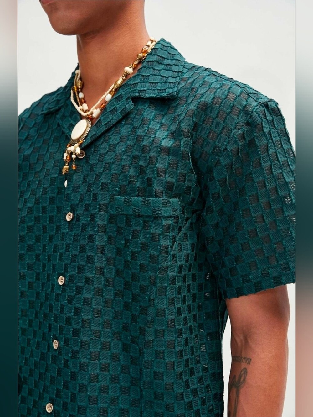 ANDERSSON BELL SHEER SQUARE OPEN COLLAR SHIRT MEDIUM DARK GREEN - Picture 2 of 6